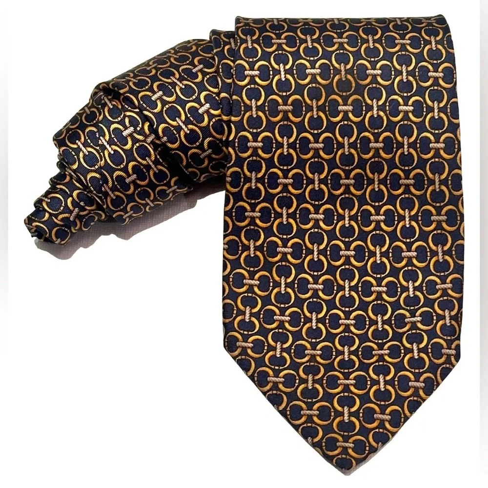 FENDI NECK TIE 100% SILK HAND MADE ITALY BLUE GOLD LINKS PREOWNED IMPERFECT